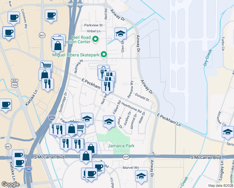 map of restaurants, bars, coffee shops, grocery stores, and more near 1400 East Peckham Lane in Reno
