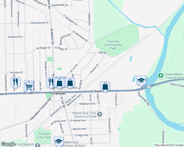 map of restaurants, bars, coffee shops, grocery stores, and more near 409 Peyton Drive in Trenton