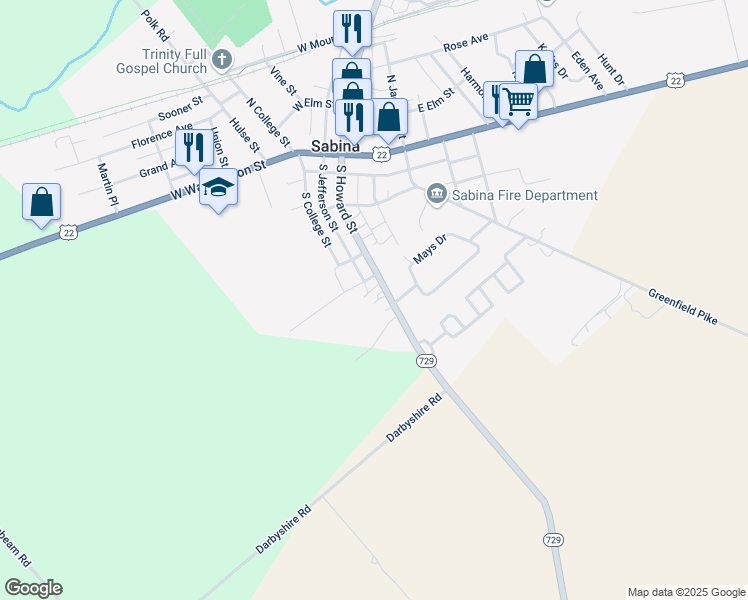 map of restaurants, bars, coffee shops, grocery stores, and more near 363 South Howard Street in Sabina