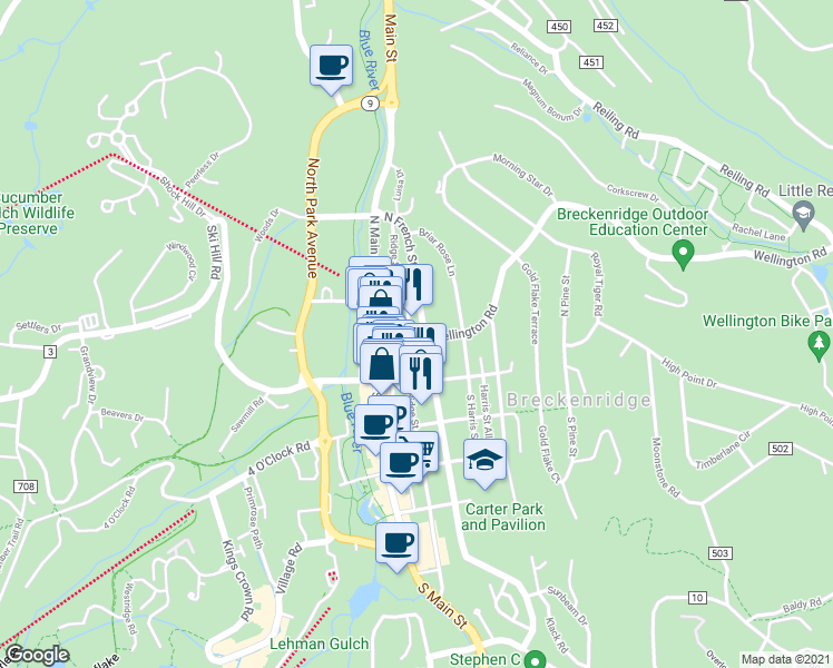 map of restaurants, bars, coffee shops, grocery stores, and more near 108 North French Street in Breckenridge