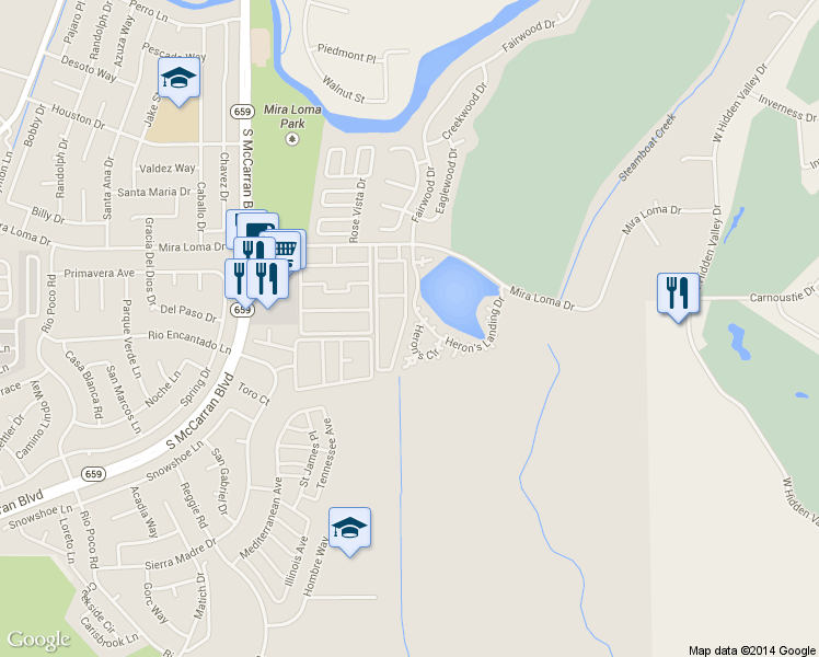 map of restaurants, bars, coffee shops, grocery stores, and more near 4600 Mira Loma Drive in Reno