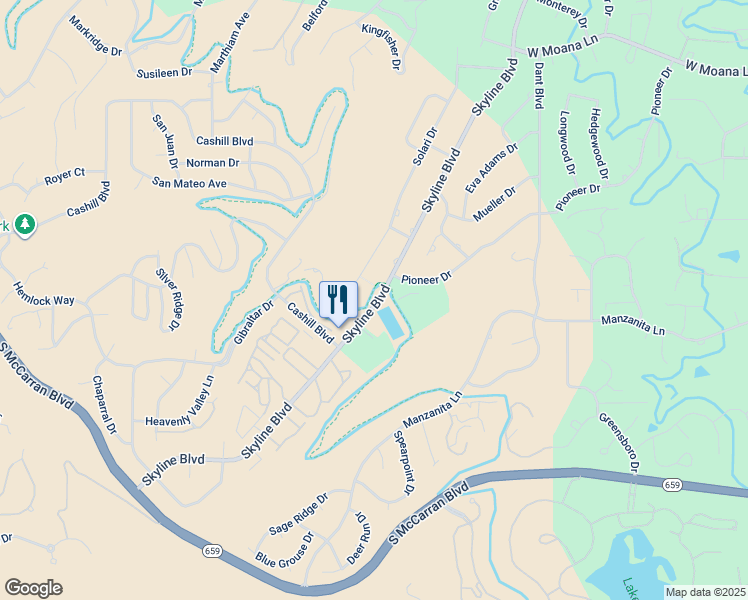map of restaurants, bars, coffee shops, grocery stores, and more near 3000 Skyline Boulevard in Reno
