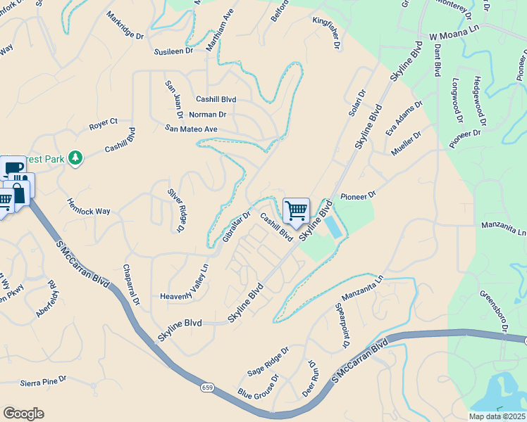 map of restaurants, bars, coffee shops, grocery stores, and more near 3313 Skyline Boulevard in Reno