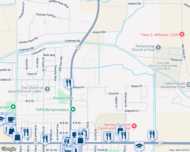 map of restaurants, bars, coffee shops, grocery stores, and more near 627 Keppel Street in Fallon