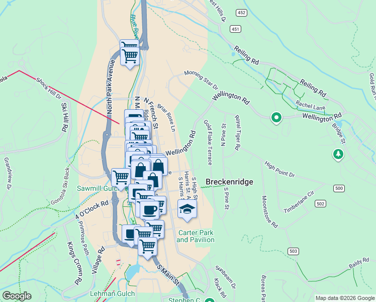 map of restaurants, bars, coffee shops, grocery stores, and more near 106 North Harris Street in Breckenridge