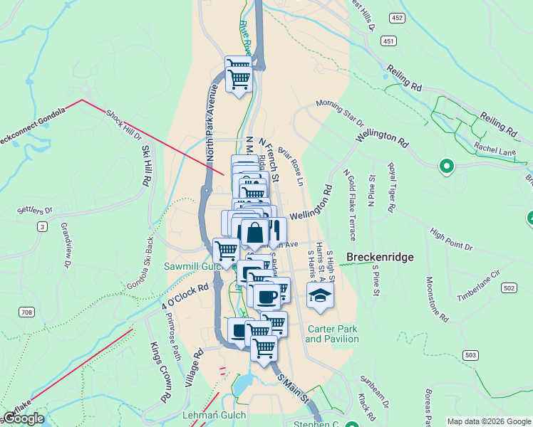 map of restaurants, bars, coffee shops, grocery stores, and more near 111 South Ridge Street in Breckenridge
