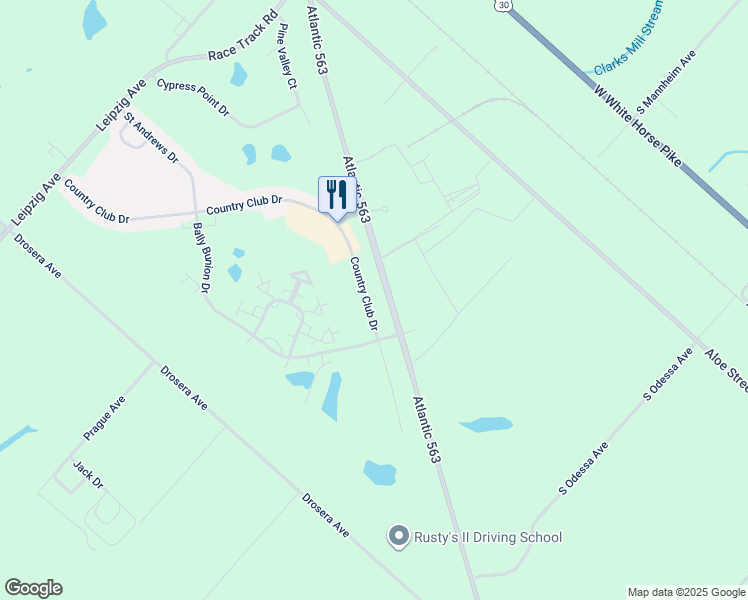 map of restaurants, bars, coffee shops, grocery stores, and more near 505 Country Club Drive in Egg Harbor City