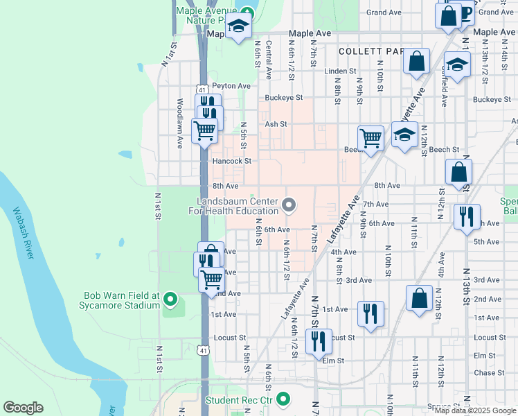 map of restaurants, bars, coffee shops, grocery stores, and more near 599 7th Avenue in Terre Haute