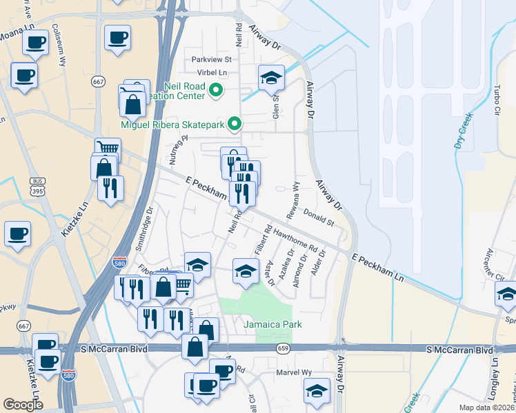 map of restaurants, bars, coffee shops, grocery stores, and more near 1400 East Peckham Lane in Reno