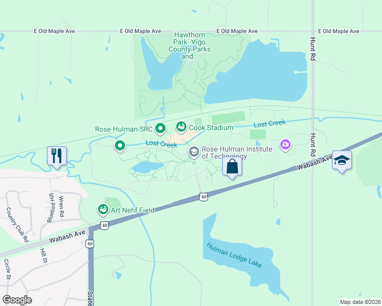 map of restaurants, bars, coffee shops, grocery stores, and more near 5500 Wabash Avenue in Terre Haute