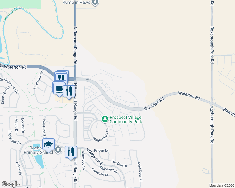 map of restaurants, bars, coffee shops, grocery stores, and more near 8353 North Rampart Range Road in Littleton