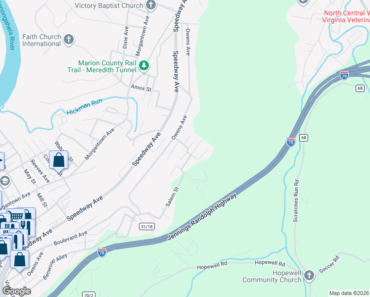 map of restaurants, bars, coffee shops, grocery stores, and more near 85-89 Kerns Ave in Fairmont