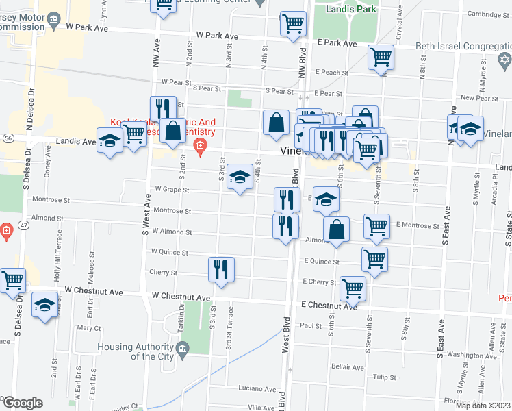 map of restaurants, bars, coffee shops, grocery stores, and more near 200 South 4th Street in Vineland