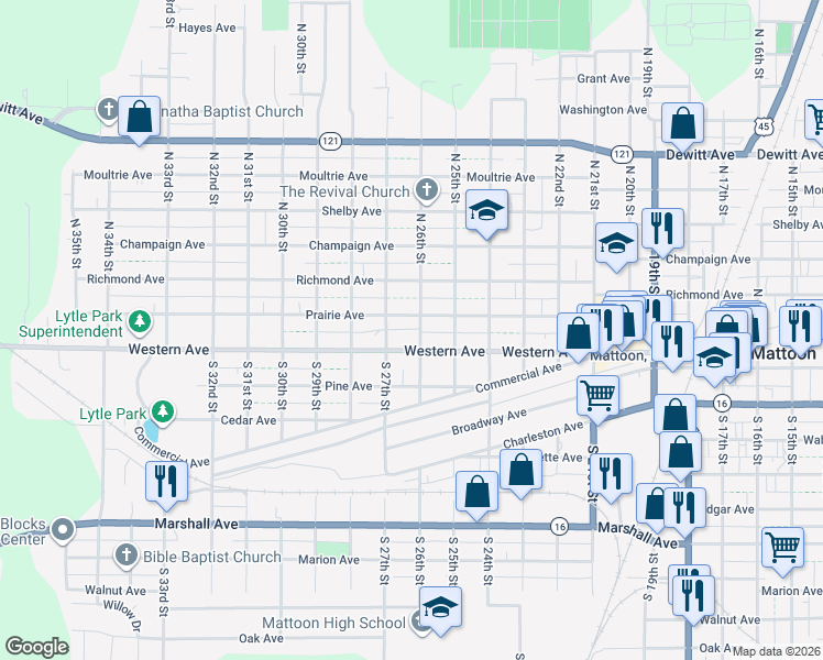map of restaurants, bars, coffee shops, grocery stores, and more near 2620 Prairie Avenue in Mattoon