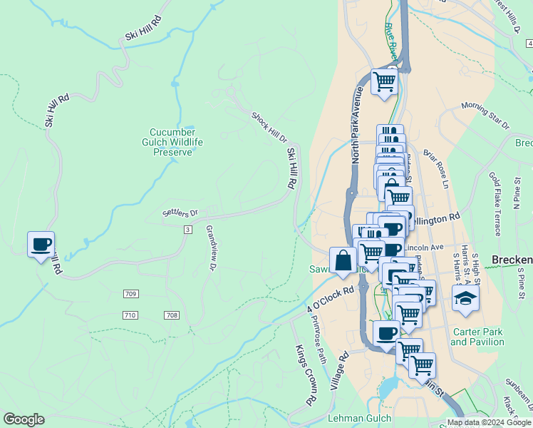 map of restaurants, bars, coffee shops, grocery stores, and more near 105 Christie Lane in Breckenridge