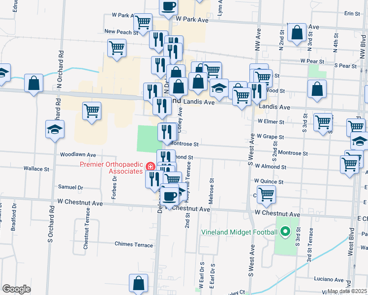 map of restaurants, bars, coffee shops, grocery stores, and more near 34 Coney Avenue in Vineland