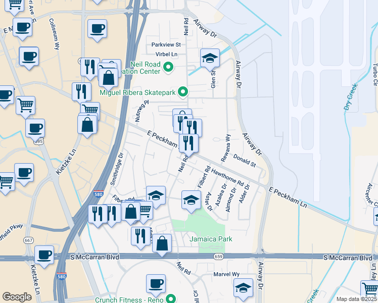 map of restaurants, bars, coffee shops, grocery stores, and more near East Peckham Lane & Neil Road in Reno