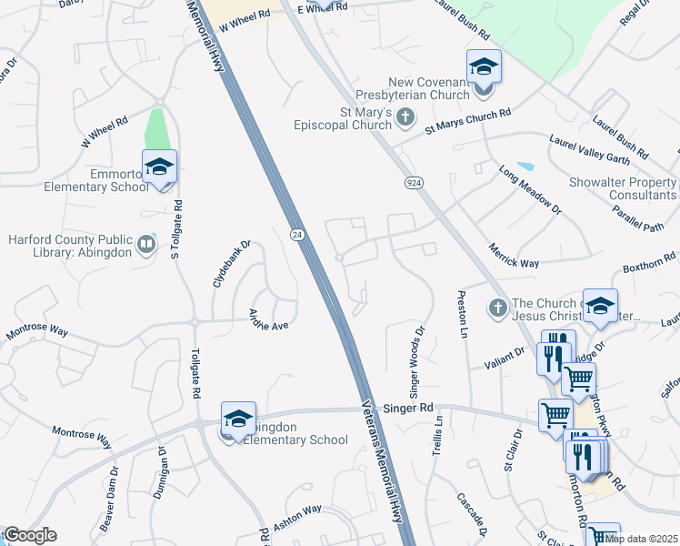 map of restaurants, bars, coffee shops, grocery stores, and more near 209 Oak Leaf Circle in Abingdon