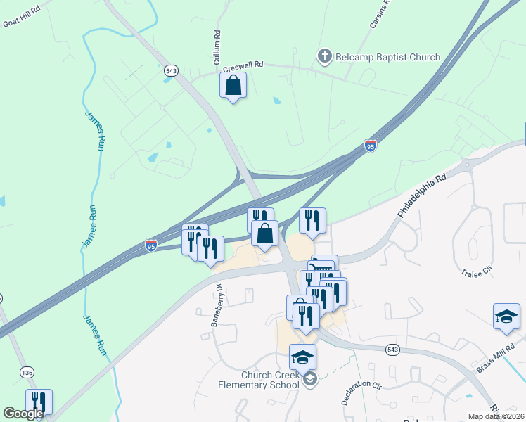 map of restaurants, bars, coffee shops, grocery stores, and more near Riverside Parkway in Bel Air