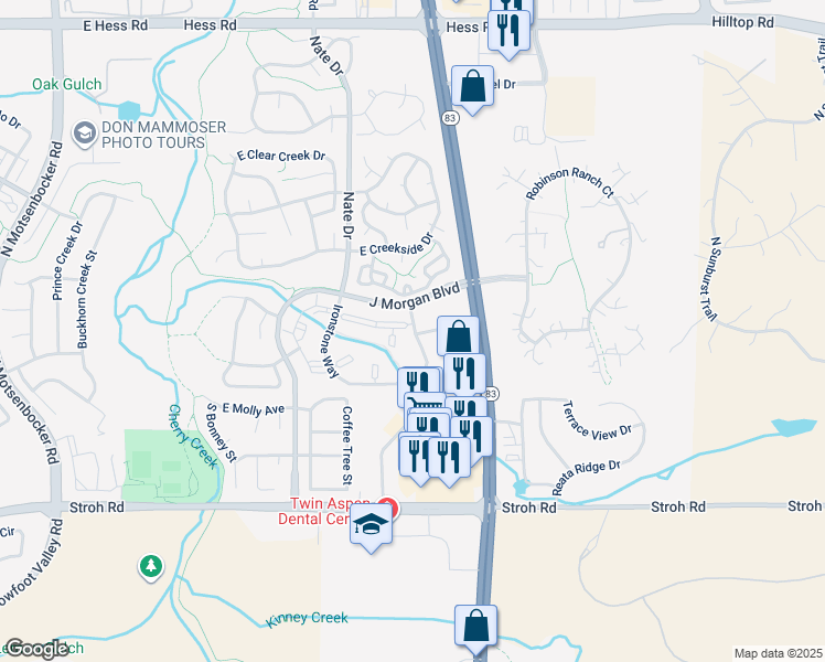 map of restaurants, bars, coffee shops, grocery stores, and more near 19130 J Morgan Boulevard in Parker