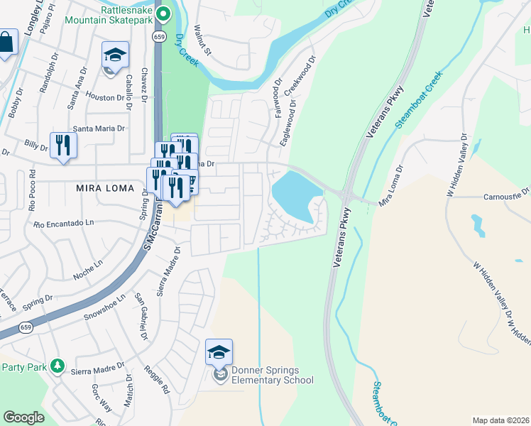 map of restaurants, bars, coffee shops, grocery stores, and more near 4600 Mira Loma Drive in Reno
