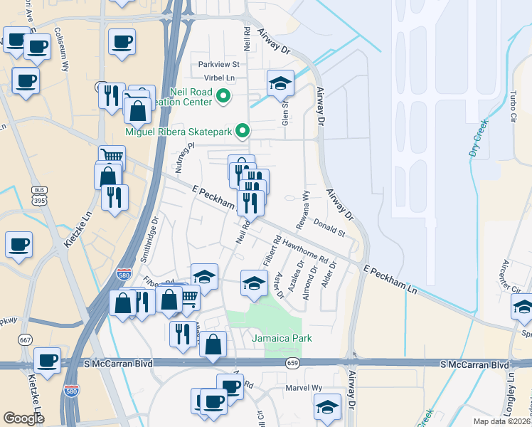 map of restaurants, bars, coffee shops, grocery stores, and more near 1465 East Peckham Lane in Reno