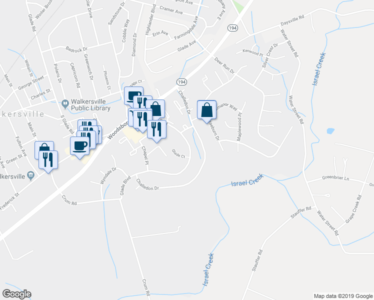 map of restaurants, bars, coffee shops, grocery stores, and more near 109 Glade Boulevard in Walkersville