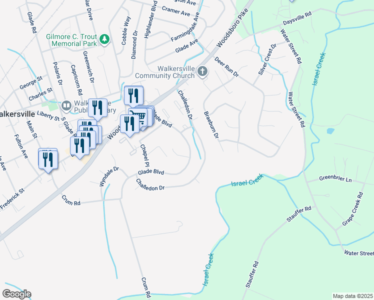 map of restaurants, bars, coffee shops, grocery stores, and more near 109 Glade Boulevard in Walkersville