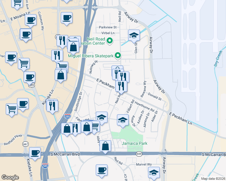 map of restaurants, bars, coffee shops, grocery stores, and more near 4385 Neil Road in Reno