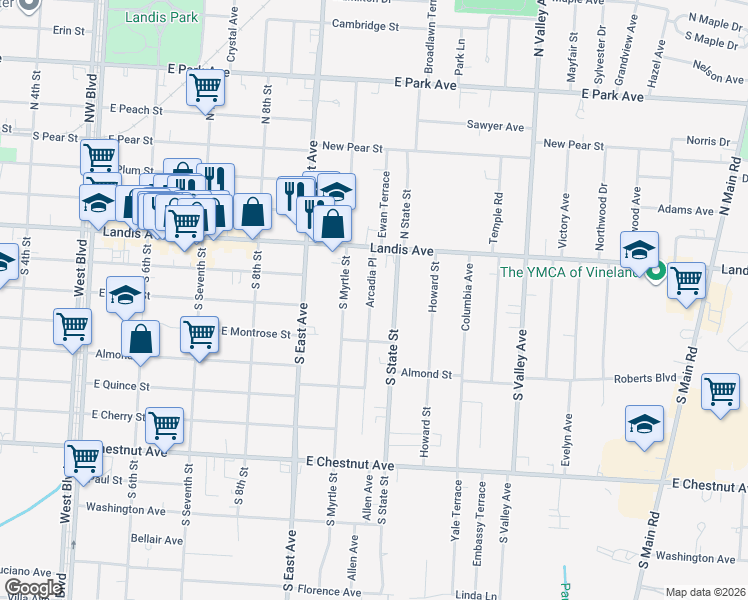 map of restaurants, bars, coffee shops, grocery stores, and more near 7 Arcadia Place in Vineland