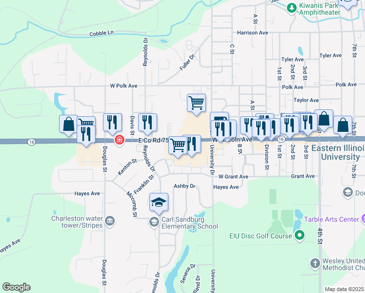 map of restaurants, bars, coffee shops, grocery stores, and more near 501-799 E County Road 750 North in Charleston