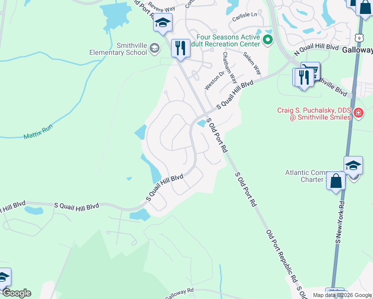 map of restaurants, bars, coffee shops, grocery stores, and more near 110 Harwich Way in Galloway