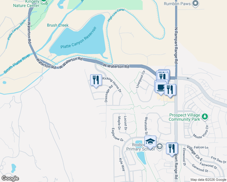 map of restaurants, bars, coffee shops, grocery stores, and more near 10505 Cross Country Lane in Littleton