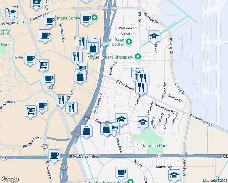 map of restaurants, bars, coffee shops, grocery stores, and more near 272 Smithridge Park in Reno
