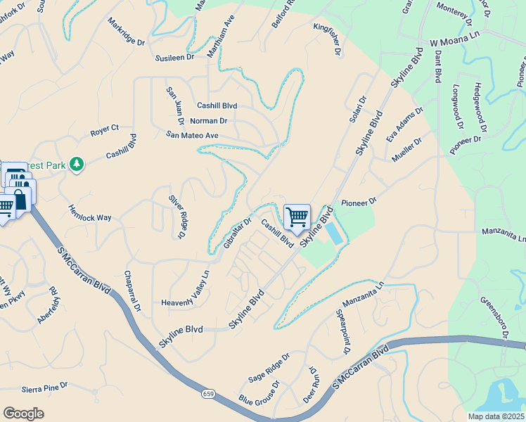 map of restaurants, bars, coffee shops, grocery stores, and more near 3175 Cashill Boulevard in Reno
