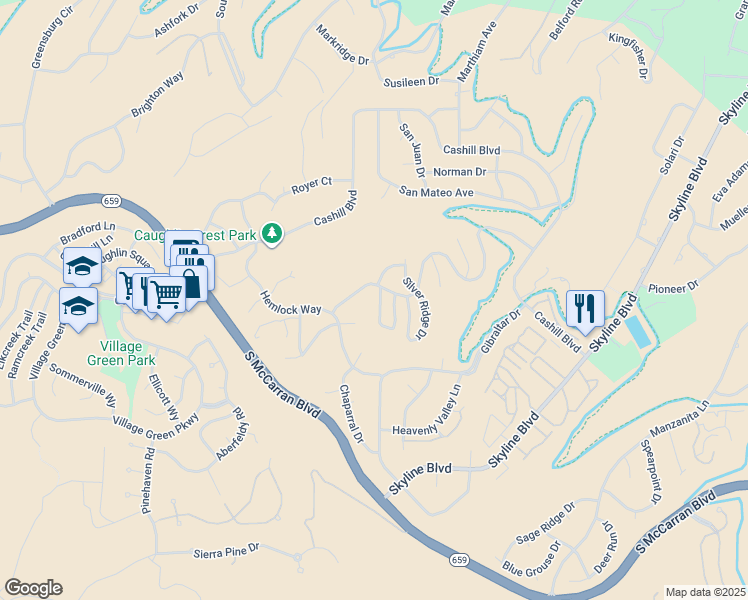 map of restaurants, bars, coffee shops, grocery stores, and more near 3579 Skyline View Drive in Reno