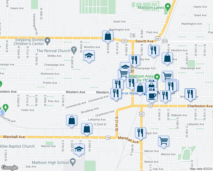 map of restaurants, bars, coffee shops, grocery stores, and more near 204 North 22nd Street in Mattoon