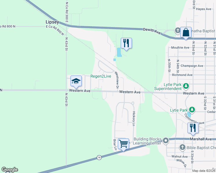 map of restaurants, bars, coffee shops, grocery stores, and more near Circle Drive in Mattoon