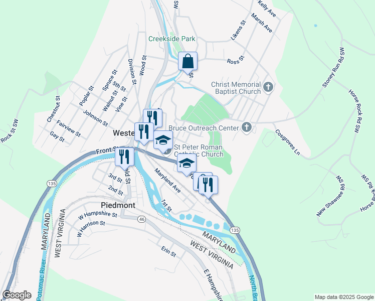 map of restaurants, bars, coffee shops, grocery stores, and more near 109 Kalbaugh Street in Westernport