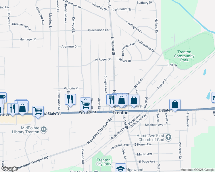 map of restaurants, bars, coffee shops, grocery stores, and more near 229 North Miami Street in Trenton