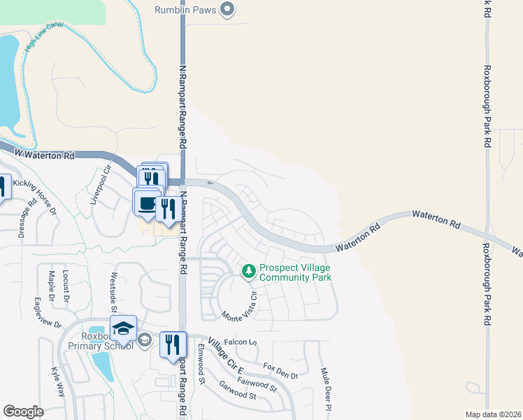 map of restaurants, bars, coffee shops, grocery stores, and more near in Roxborough Park