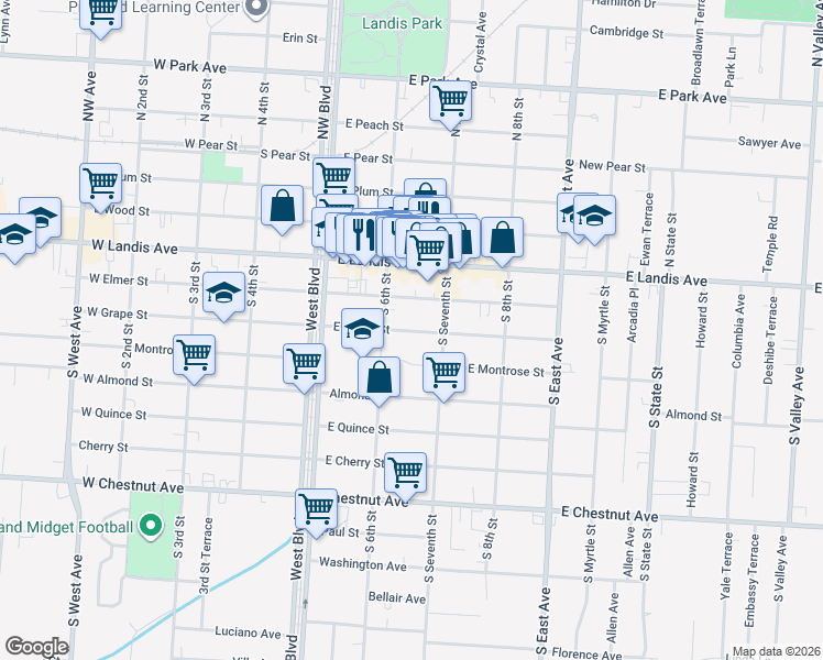 map of restaurants, bars, coffee shops, grocery stores, and more near 629 East Elmer Street in Vineland