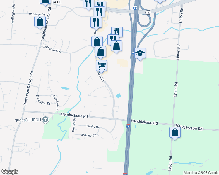 map of restaurants, bars, coffee shops, grocery stores, and more near 2850 Towne Boulevard in Franklin
