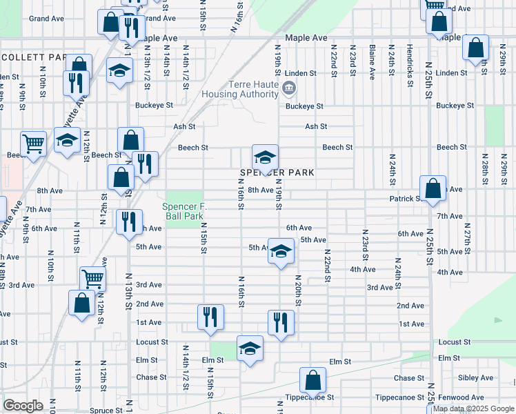 map of restaurants, bars, coffee shops, grocery stores, and more near 1619 8th Avenue in Terre Haute