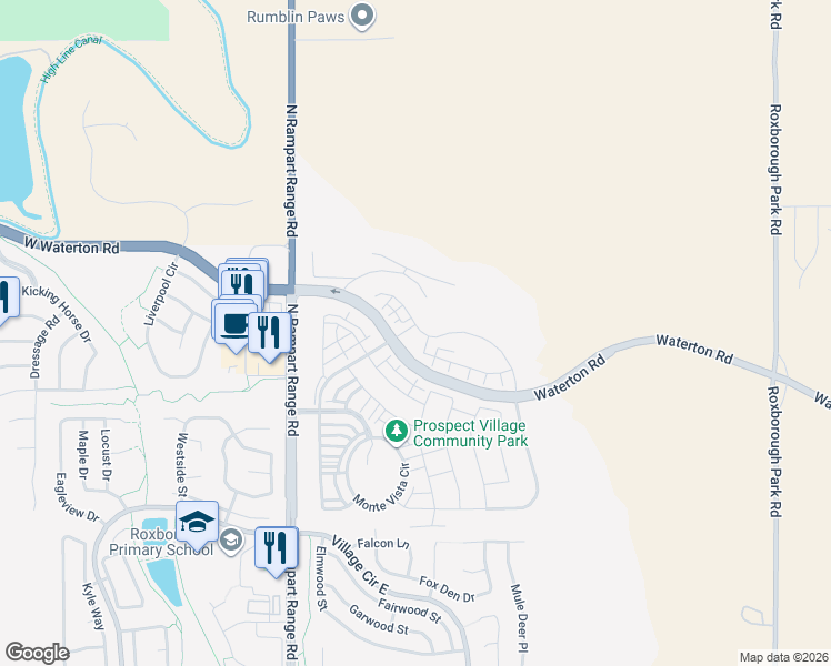 map of restaurants, bars, coffee shops, grocery stores, and more near in Roxborough Park