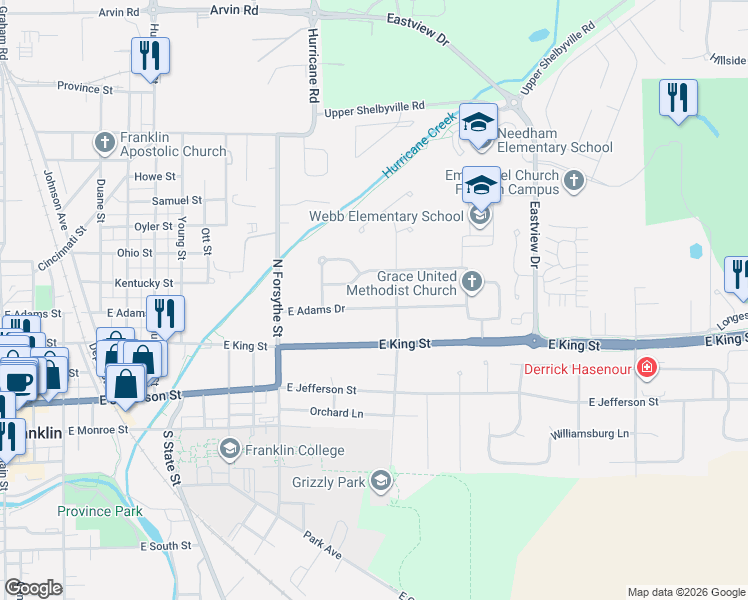 map of restaurants, bars, coffee shops, grocery stores, and more near 1131 Hillview Drive in Franklin