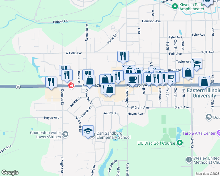 map of restaurants, bars, coffee shops, grocery stores, and more near 501 E County Road 750 North in Charleston