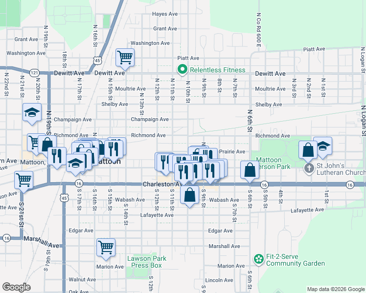 map of restaurants, bars, coffee shops, grocery stores, and more near 1001-1099 Richmond Avenue in Mattoon
