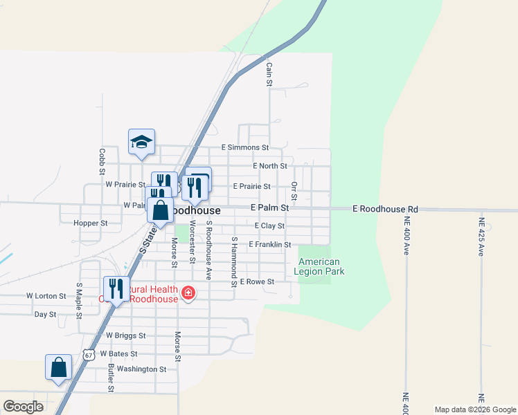 map of restaurants, bars, coffee shops, grocery stores, and more near 121 North Glenwood Avenue in Roodhouse