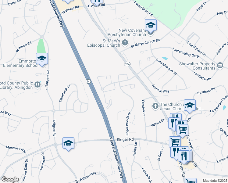 map of restaurants, bars, coffee shops, grocery stores, and more near 203 Oak Leaf Circle in Abingdon